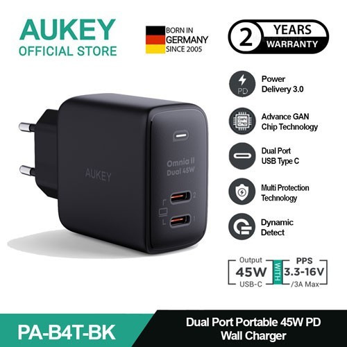 Aukey Charger PA-B4T Omnia II Duo Series USB-C PD 45W PPS