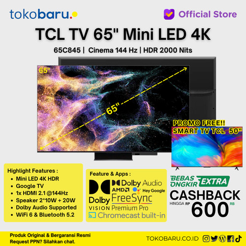 TV TCL 65C845 4K Mini-LED 144hz dengan QLED, Google TV 2.1 Onkyo