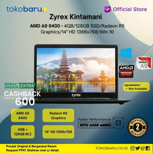 LAPTOP ZYREX KINTAMANI AMD A9 9400 RAM4GB 128SSD RADEON R5 W10 14.0 BT