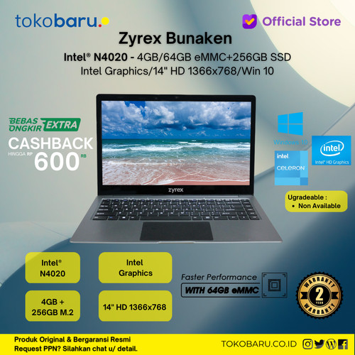 LAPTOP ZYREX BUNAKEN N4020 4GB 256SSD+64GB W10 14.0