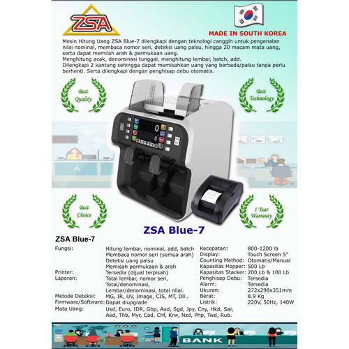 ZSA Blue-7 Mesin Hitung Uang Double Pocket Money Counter Blue7