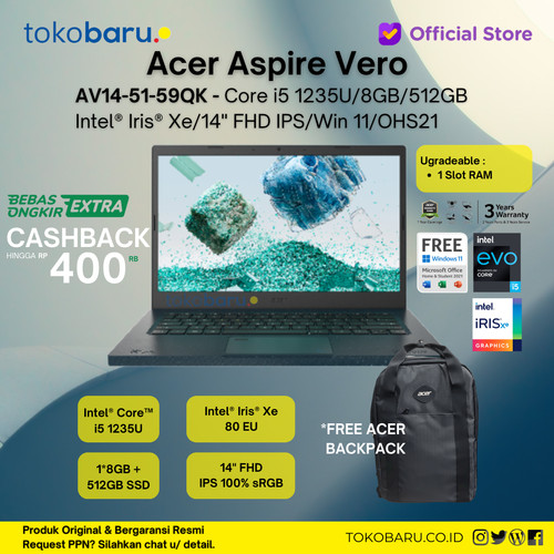 ACER LAPTOP ASPIRE VERO AV14-51-59QK 14" INTEL i5-1235U 8GB 512GB