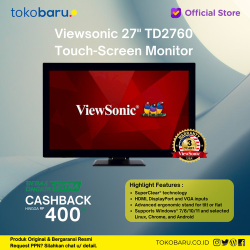 ViewSonic 27” Touch Monitor TD2760 10-Point Touch HDMI-VGA-DP FullHD