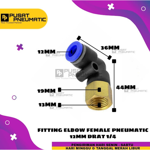 PLF 12-02 FITTING ELBOW PNEUMATIC FEMALE SELANG 12MM DRAT 1/4"