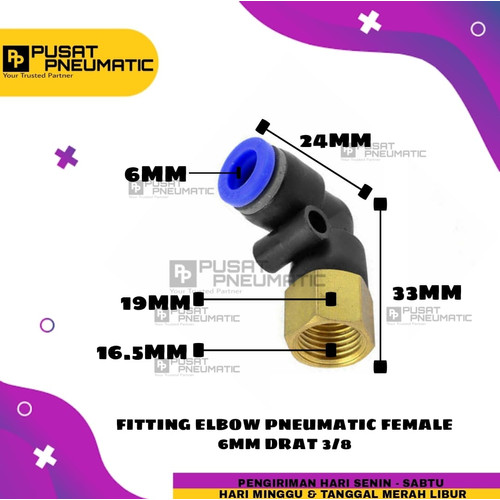 PLF 6-03 FITTING ELBOW PNEUMATIC FEMALE SELANG 6MM DRAT 3/8"