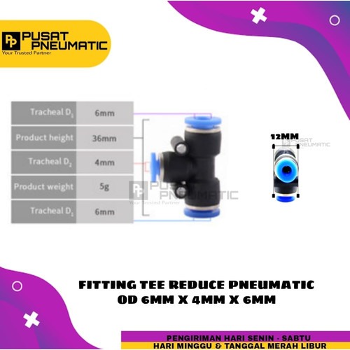 FITTING TEE REDUCE PNEUMATIC SELANG 6MM KIRI KANAN 4MM BAWAH