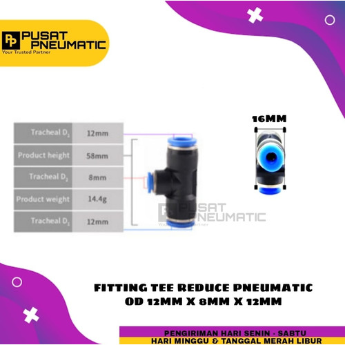 FITTING TEE REDUCE PNEUMATIC SELANG 12MM KIRI KANAN 8MM BAWAH