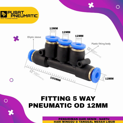 12mm Fitting pneumatic 5 way, 5 lubang selang 12mm