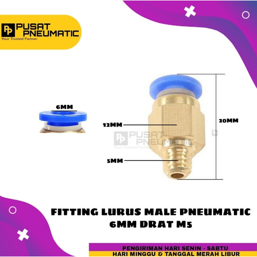 FITTING LURUS MALE PNEUMATIC SELANG 6MM DRAT m5 / 5mm