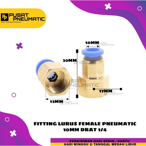 FITTING LURUS FEMALE PNEUMATIC SELANG 10MM DRAT 1/4"(12mm)