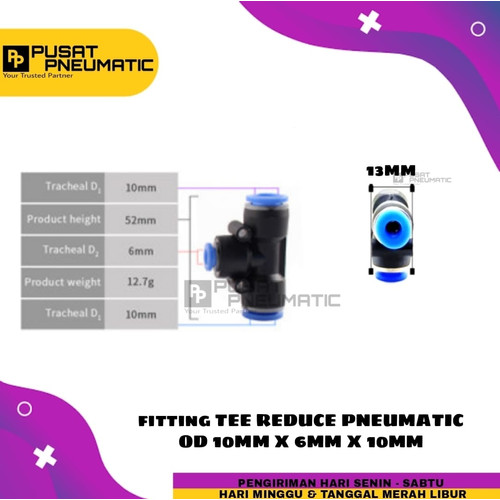 FITTING TEE REDUCE PNEUMATIC SELANG 10MM KIRI KANAN 6MM BAWAH