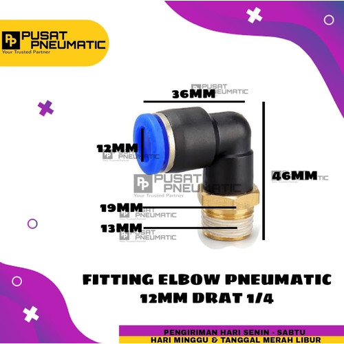 FITTING ELBOW PNEUMATIC SELANG 12MM DRAT 1/4"