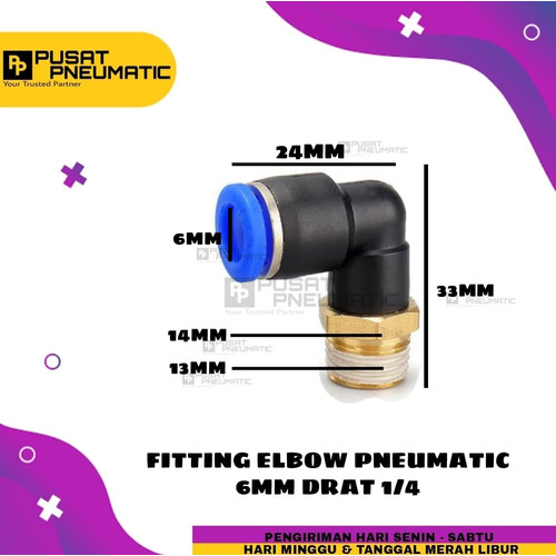 FITTING ELBOW PNEUMATIC SELANG 6MM DRAT 1/4"