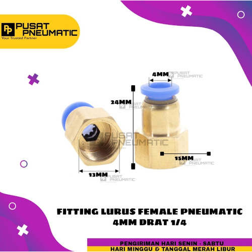 FITTING LURUS FEMALE PNEUMATIC SELANG 4MM DRAT 1/4"