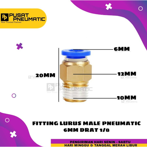 FITTING LURUS MALE PNEUMATIC SELANG 6MM DRAT 1/8