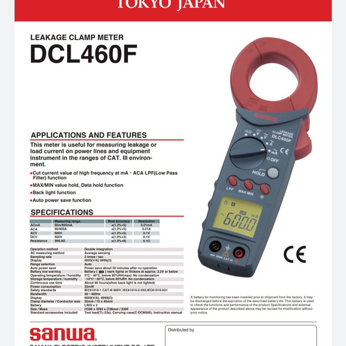 Sanwa DCL460F Leakage Clamp Meter Sanwa DCL460F Murah Original