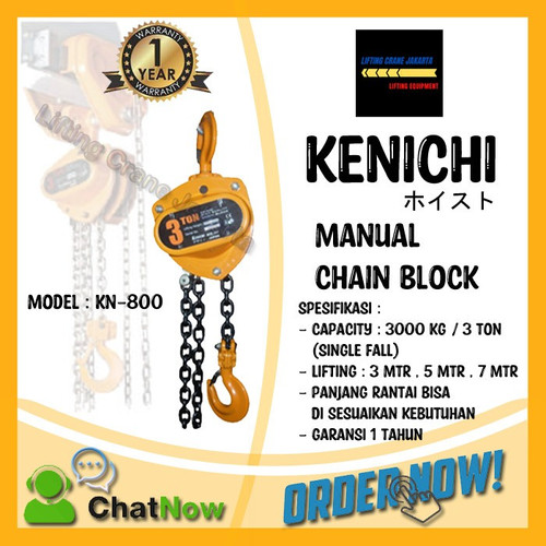 KENICHI Chain Block Takel Manual 3 Ton 10 METER "JAPAN"