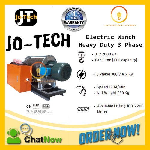 Electric Winch JO-Tech Heavy Duty Cap 2 Ton x 100 Meter