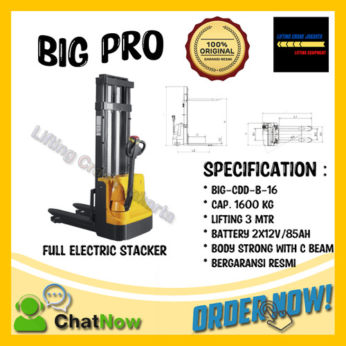 Hand Stacker Full Electric 1,6Ton / 1600 Kg X 3 Meter BIGPro