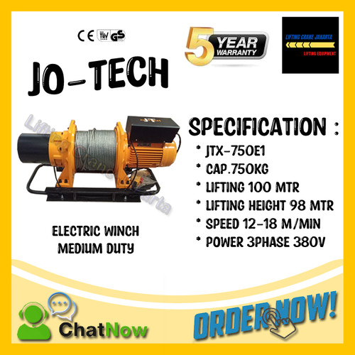 Electric Winch Hoist 750 Kg x 100 Meter 3 Phase JO-Tech