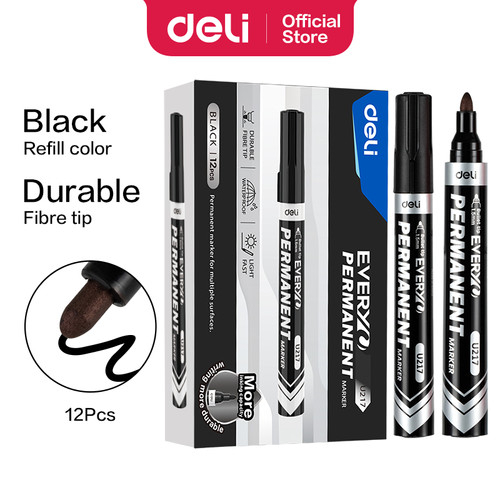 Deli Permanent Marker / Spidol Permanen Tinta Hitam  12 pcs EU217-12