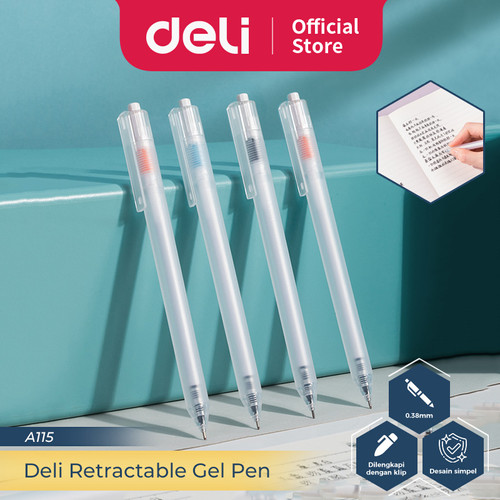 Deli Retractable Gel Pen/Pulpen Cetek 0.38 mm Isi 12 pcs A115-Black-12