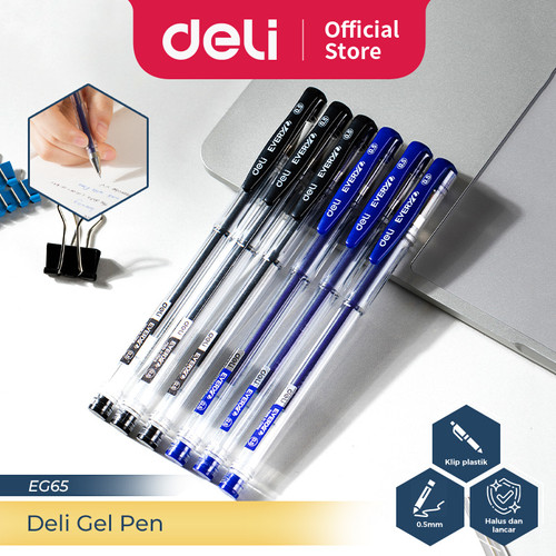 Deli Pulpen Gel / Gel Pen 0.5 mm Isi 12 pcs Tinta Hitam/Biru EG65