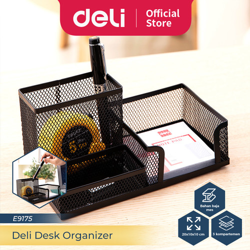 Deli Organizer / Tempat Alat Tulis Bahan Metal 3 Sekat Hitam E9175