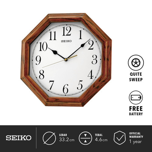 Jam Dinding Seiko QXA529B 33.2cm Kayu Detik Senyap Original