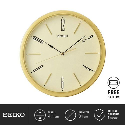 Jam Dinding Seiko Detik Senyap QXA725G Gold Case White 31cm Original