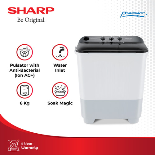 SHARP Mesin Cuci 2 Tabung ES-T65NT-GY Grey 6 Kg