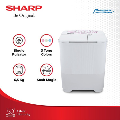 SHARP Mesin Cuci Twin Tub Super Soakmagic ES-T68MW-PK Pink 6,5 Kg