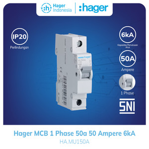 Hager MCB 1 Phase 1P 1 Pole 50A 50 Ampere 6kA MU150A Mcb Listrik