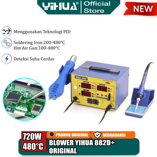 Yihua 882D+ Blower Solder Uap Hot Air Gun 2 IN 1 Soldering Station ORI