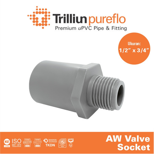 Fitting Pipa uPVC Trilliunpureflo AW Valve Socket 1/2" x 3/4" Inch