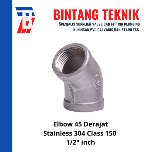 Elbow Stainless 304 45 Derajat Ukuran 1/2" inch #150