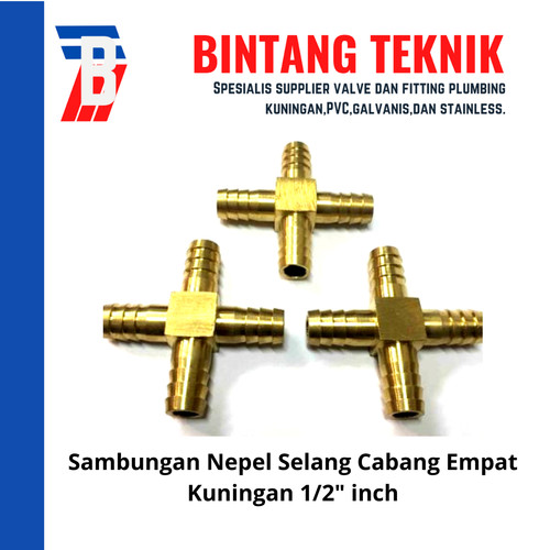 Sambungan Nepel Selang Cabang Empat Kuningan 1/2" inch