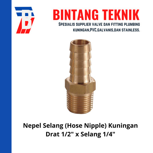 Nepel (Nipple) Selang Kuningan Drat 1/2" x Selang 1/4"