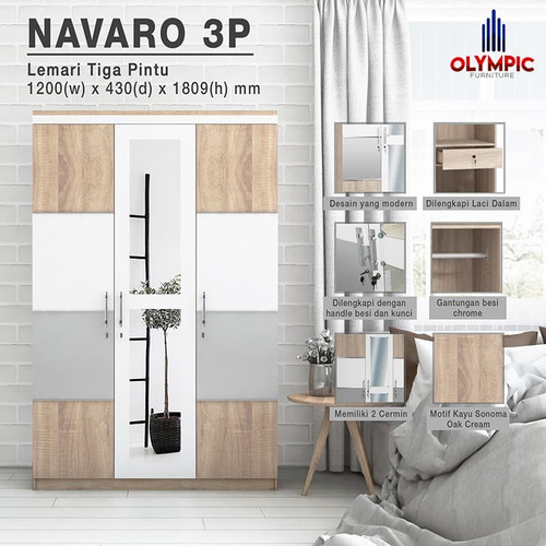 Olympic Lemari Pakaian / Baju 3 Pintu LP Navaro 3P Cermin Modern Kayu