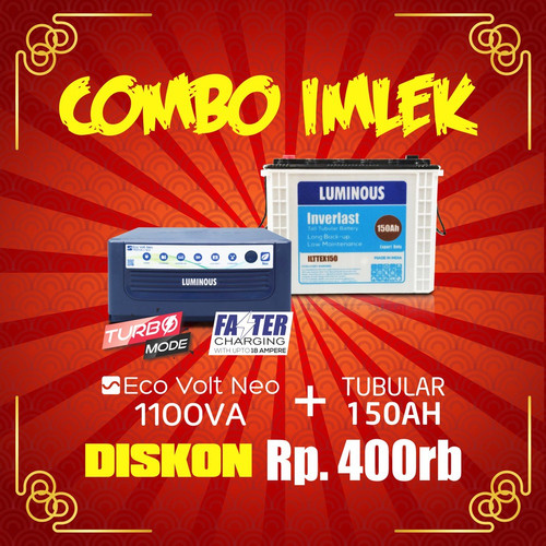 PROMO COMBO PAKET 1100VA ECO VOLT NEO+ BATERAI 150AH TUBULAR LUMINOUS