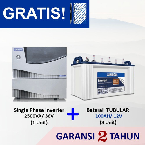 PROMO COMBO PAKET 2500VA SINGLE PHASE + BATERAI 100AH TUBULAR LUMINOUS