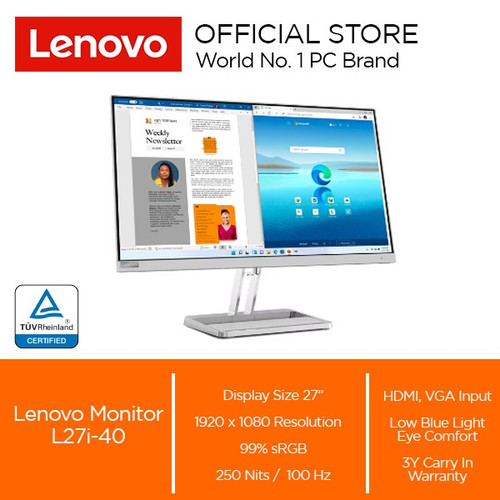 Lenovo Monitor L27i-40 27" IPS 1080p 100Hz VGA HDMI Speaker Silver