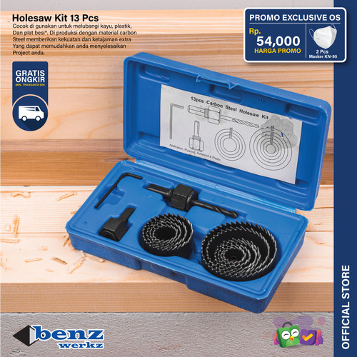 Holesaw Kit Set 13 Pcs / Mata Bor Kayu Plong HSS Benz Werkz