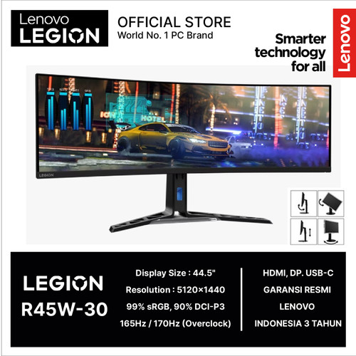 LENOVO LEGION R45W-30 CURVED GAMING MONITOR 44.5 DUAL QHD 170HZ VA 120SRGB SPEAKER 3Y