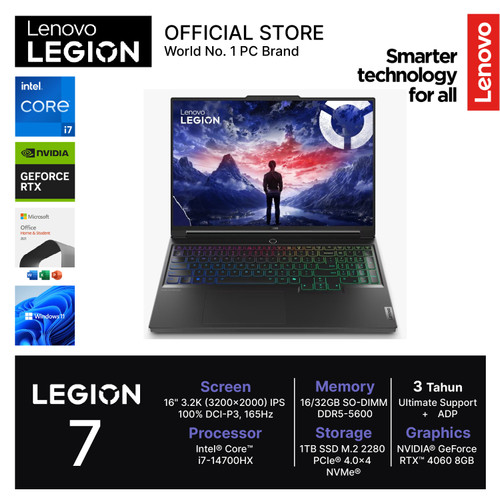 Lenovo Legion 7 16irx9 I7-14700hz rtx4060 8GB / 16GB 1TB SSD 16" W11 OHS 165Hz PKRGB - 07ID