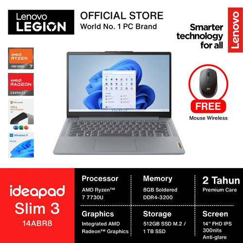 LENOVO IDEAPAD SLIM 3 14 RYZEN 7 7730U 8GB 512GB W11+OHS 14.0FHD IPS