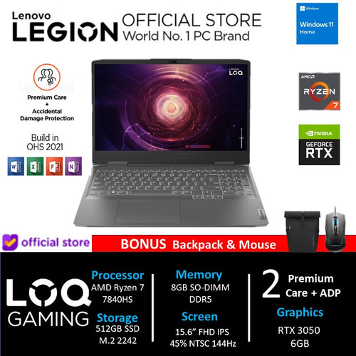 LENOVO LOQ 15 RYZEN 7 7840HS RTX3050 6GB/ 8GB 512GB W11+OHS 15.6FHD 14