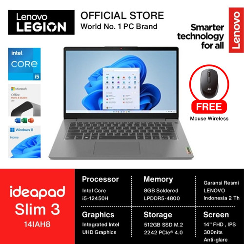 Lenovo Ideapad Slim 3 i5 12450H 8GB 512GB W11+OHS 14" FHD IPS