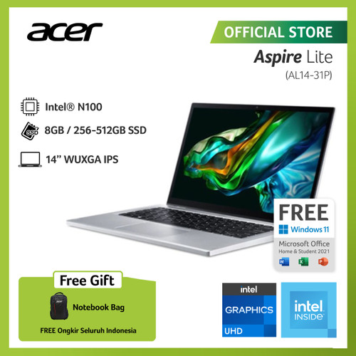 ACER ASPIRE LITE AL14-31P 14" INCH WUXGA INTEL N100 8GB RAM 256GB 512GB SSD SLV WINDOWS 11