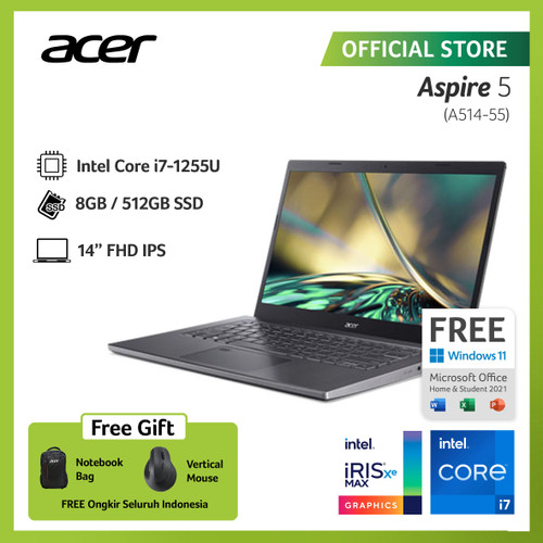 ACER LAPTOP ASPIRE 5 A514-55-74ZR 14" INTEL GEN12 i7-1255U 8GB 512GB